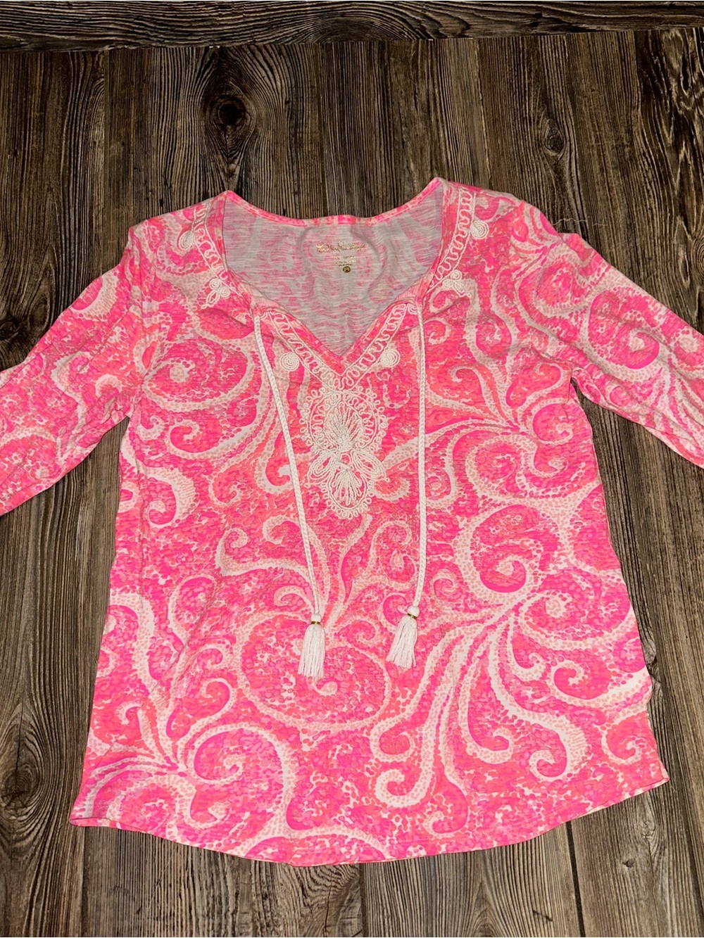 Lilly Pulitzer Pink Paisley Tassel Tie V-Neck Tunic Cotton Beach Size Medium
